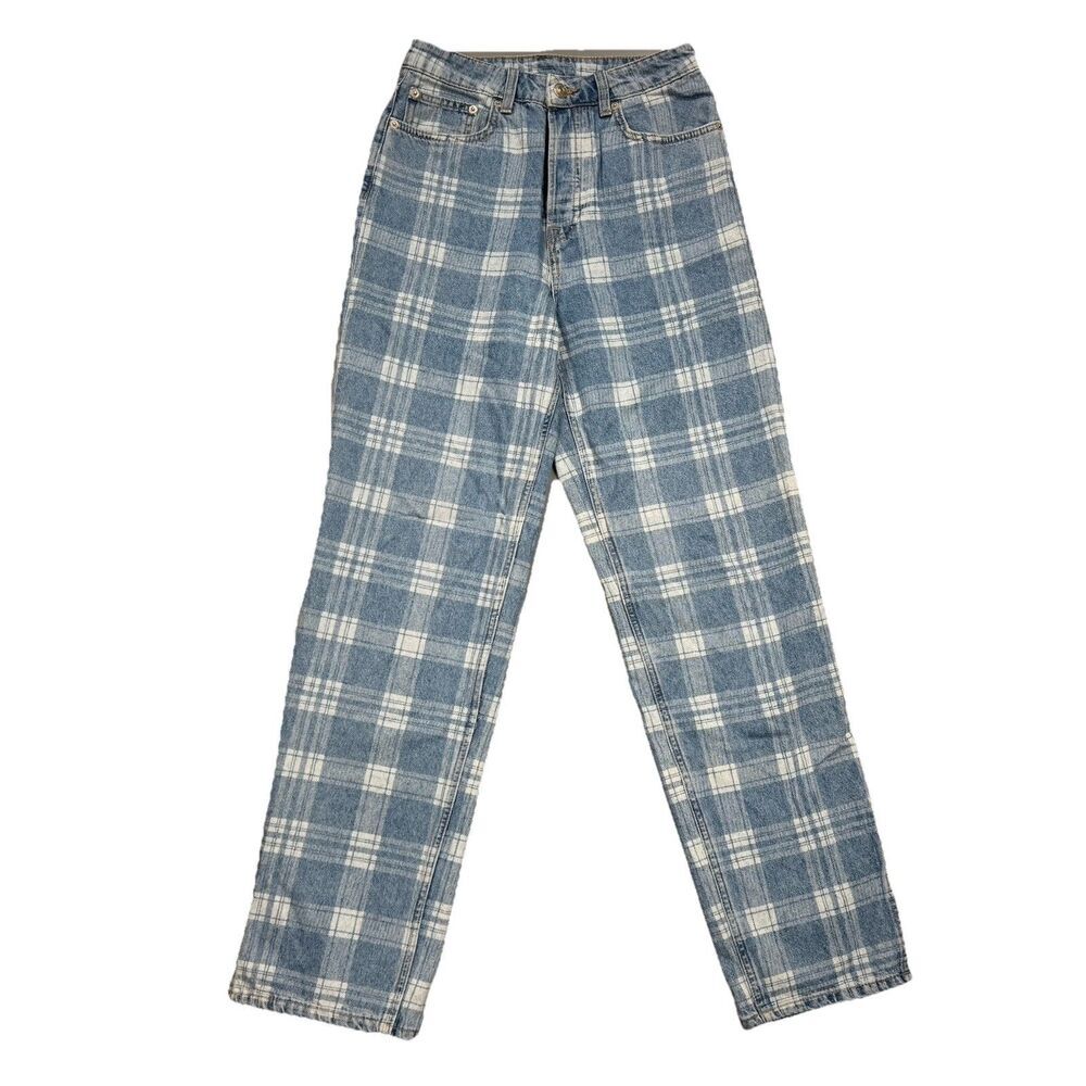 H&M Divided Straight Jeans Womens 4 Blue Plaid Cotton Denim Measures 26 x 29.5